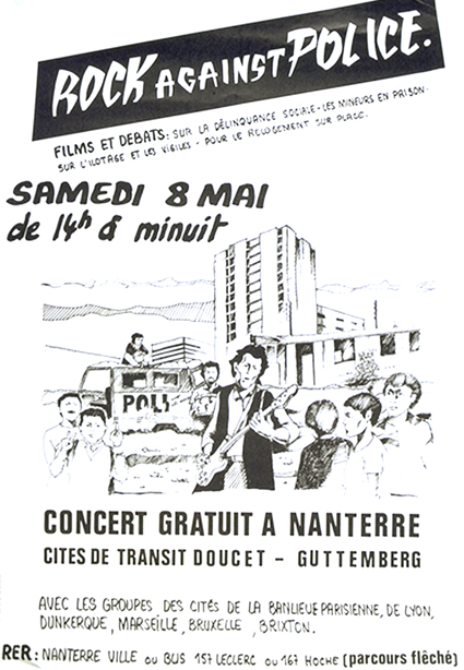 Affiche du concert Rock against Police du 8 mai 1982 à la cité de transit Doucet-Gutenberg de Nanterre