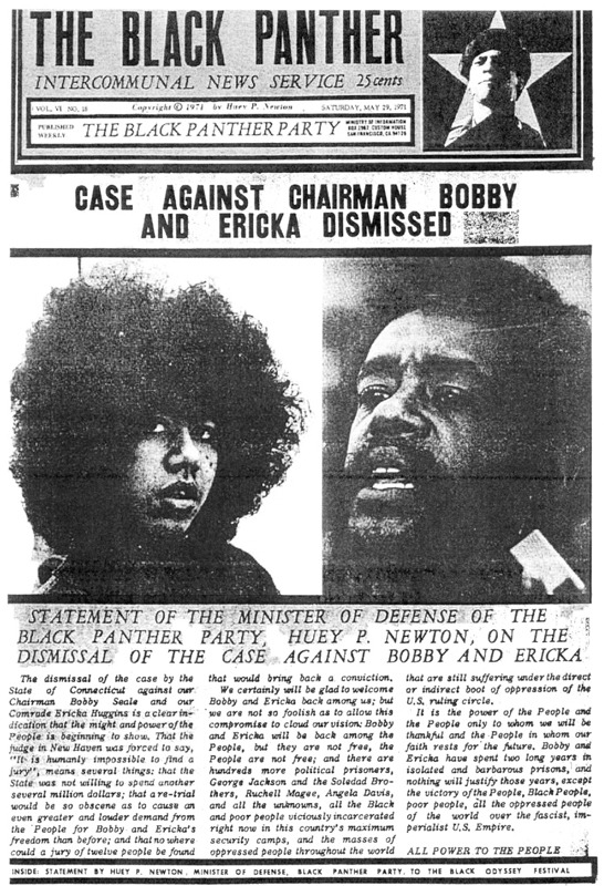 Front page of The Black Panther weekly newspaper, May 29, 1971, after Bobby Seale and Ericka Huggins had spent two years in prison on phony charges.